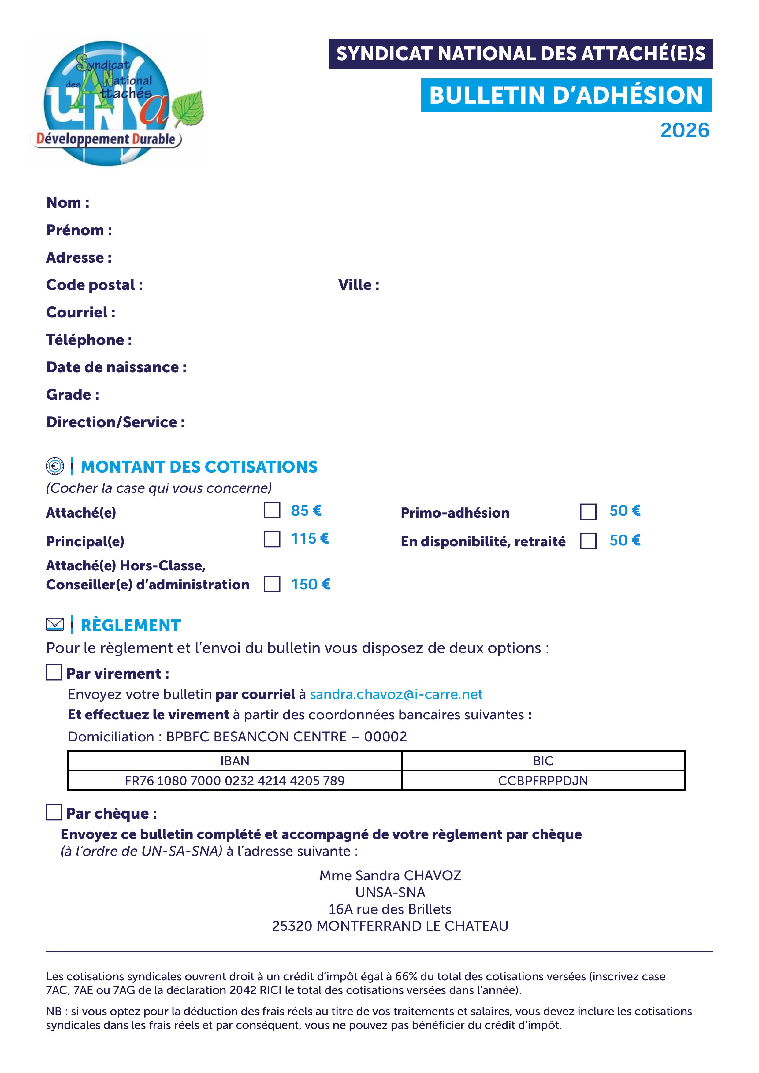 Bulletin adhesion SNA 2020